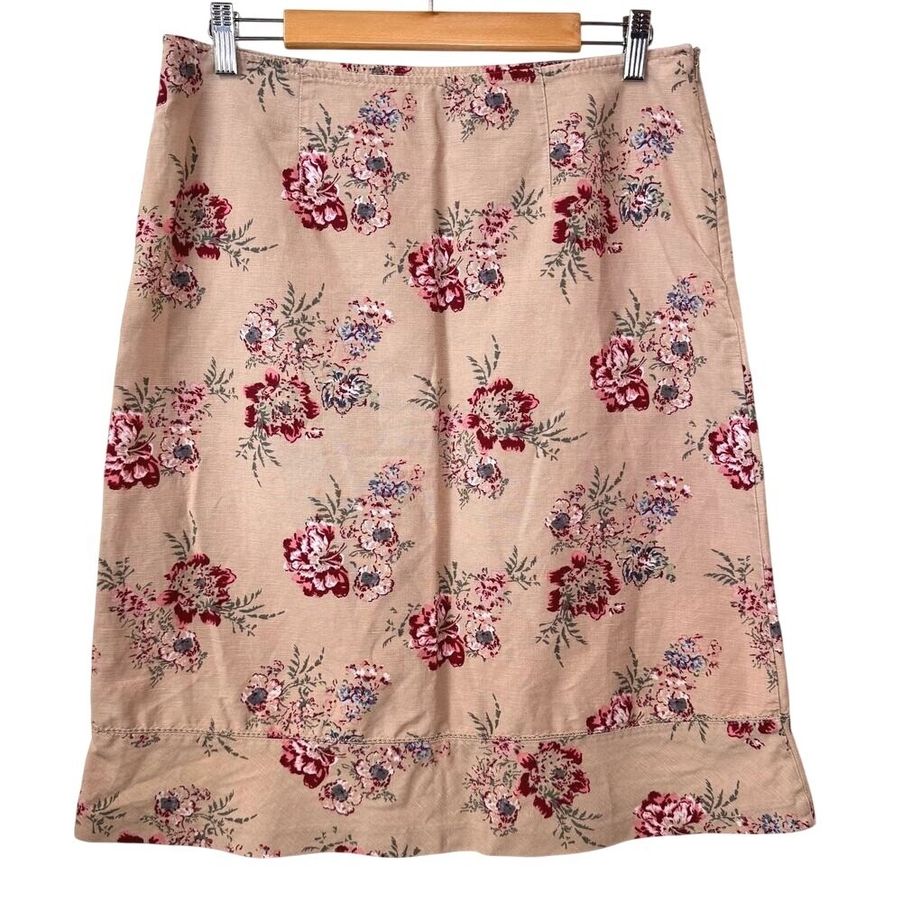 Eddie Bauer Skirt Women 6 Tan Floral Linen Cotton A-Line Cottage Spring Nature